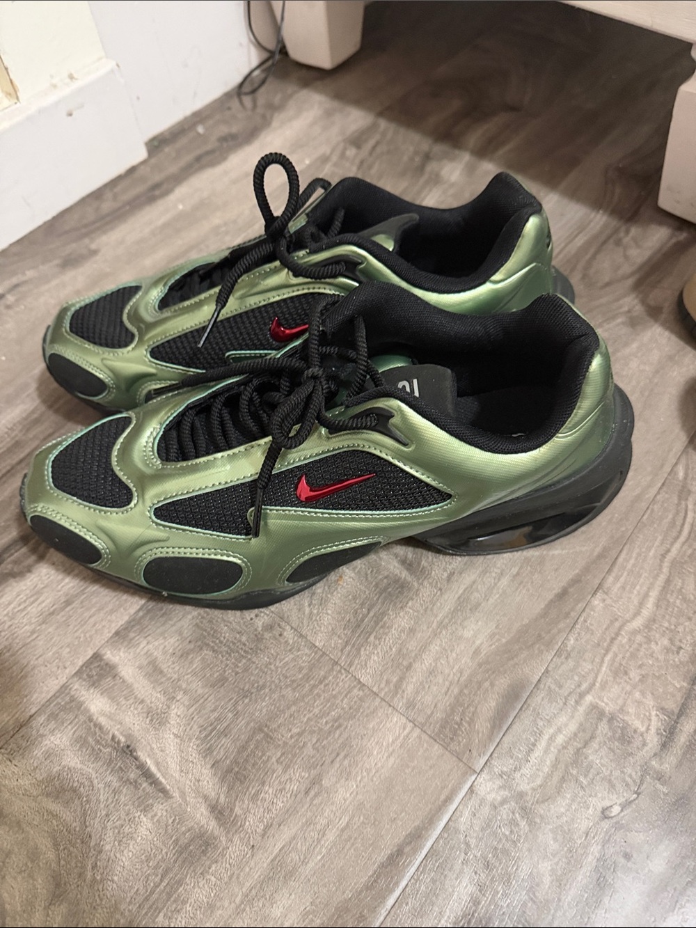 Nike Men’s Sneakers - Metallic Olive Green with Red Swoosh